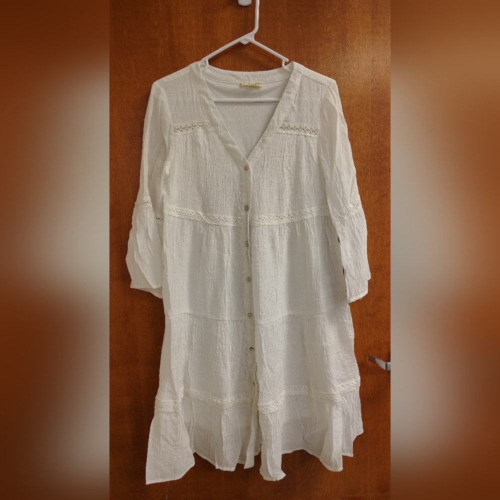 Indigo Rose White Button-Down Lined Dress With Crochet Detail